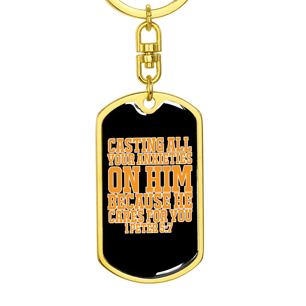 Casting Anxieties 1 Peter 5:7 Keychain Stainless Steel or 18k Gold Dog Tag Keyring-Express Your Love Gifts