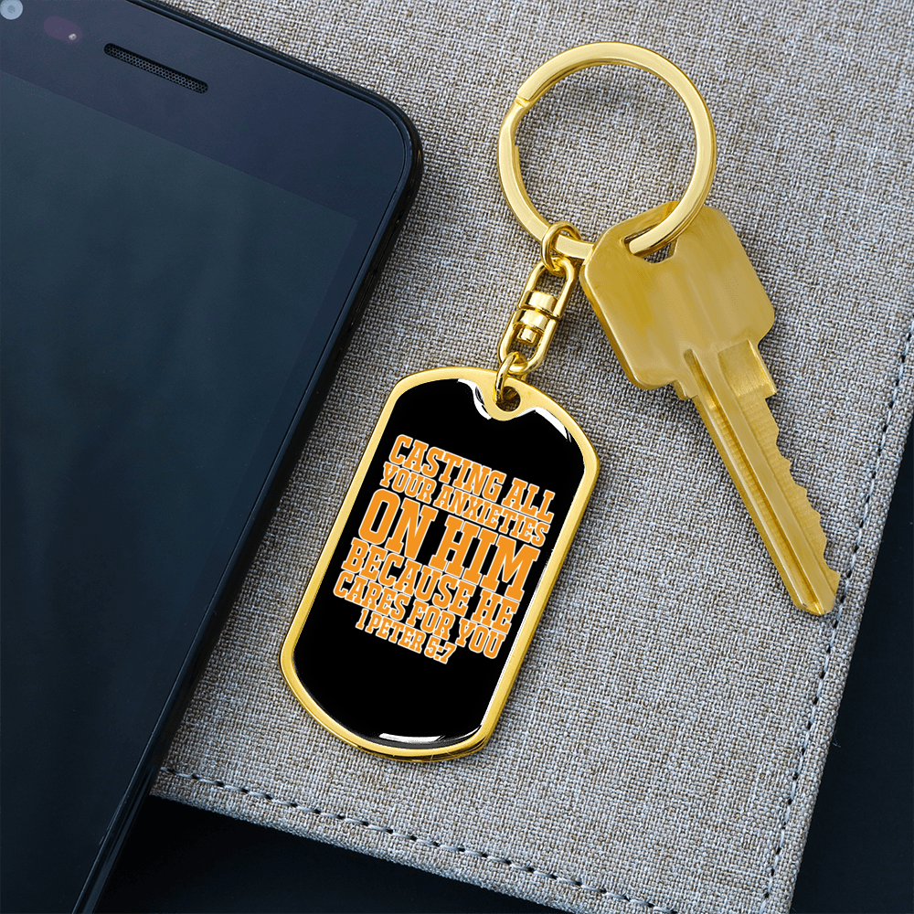 Casting Anxieties 1 Peter 5:7 Keychain Stainless Steel or 18k Gold Dog Tag Keyring-Express Your Love Gifts
