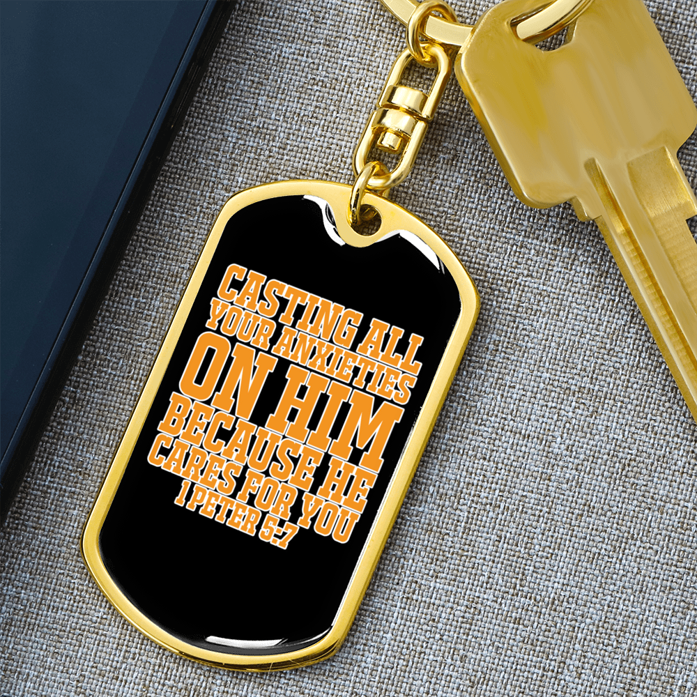 Casting Anxieties 1 Peter 5:7 Keychain Stainless Steel or 18k Gold Dog Tag Keyring-Express Your Love Gifts