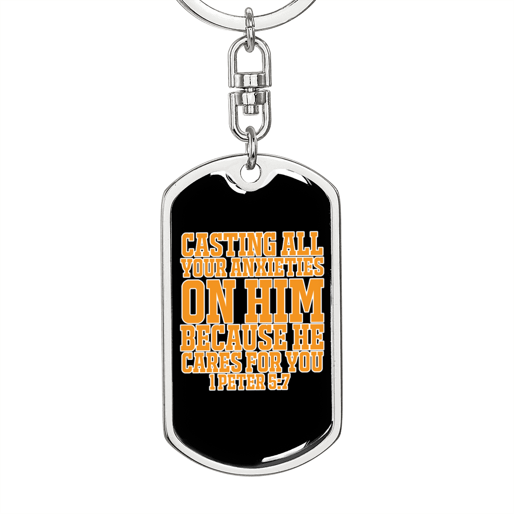 Casting Anxieties 1 Peter 5:7 Keychain Stainless Steel or 18k Gold Dog Tag Keyring-Express Your Love Gifts