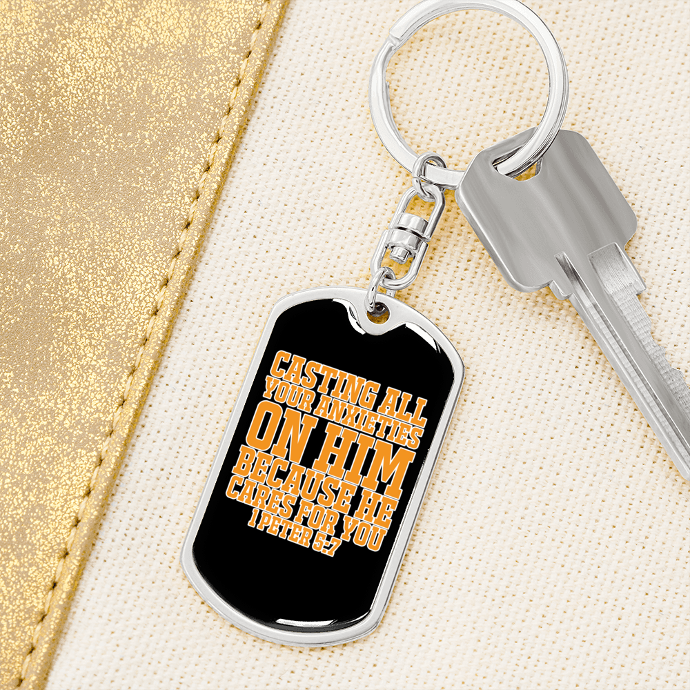 Casting Anxieties 1 Peter 5:7 Keychain Stainless Steel or 18k Gold Dog Tag Keyring-Express Your Love Gifts
