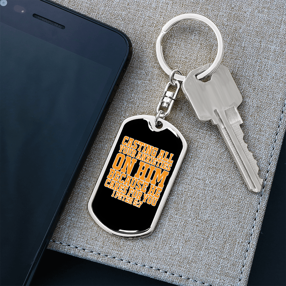 Casting Anxieties 1 Peter 5:7 Keychain Stainless Steel or 18k Gold Dog Tag Keyring-Express Your Love Gifts