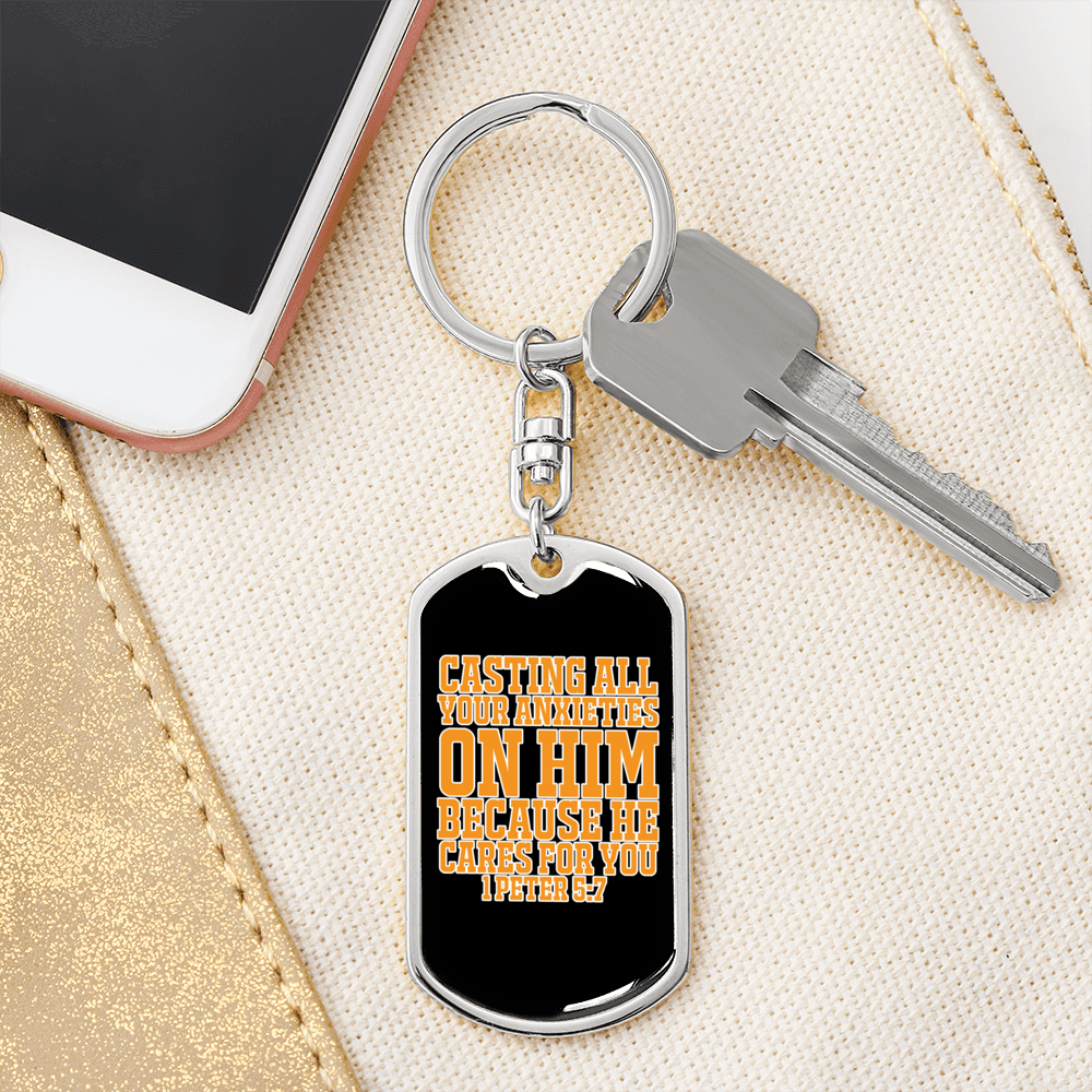 Casting Anxieties 1 Peter 5:7 Keychain Stainless Steel or 18k Gold Dog Tag Keyring-Express Your Love Gifts