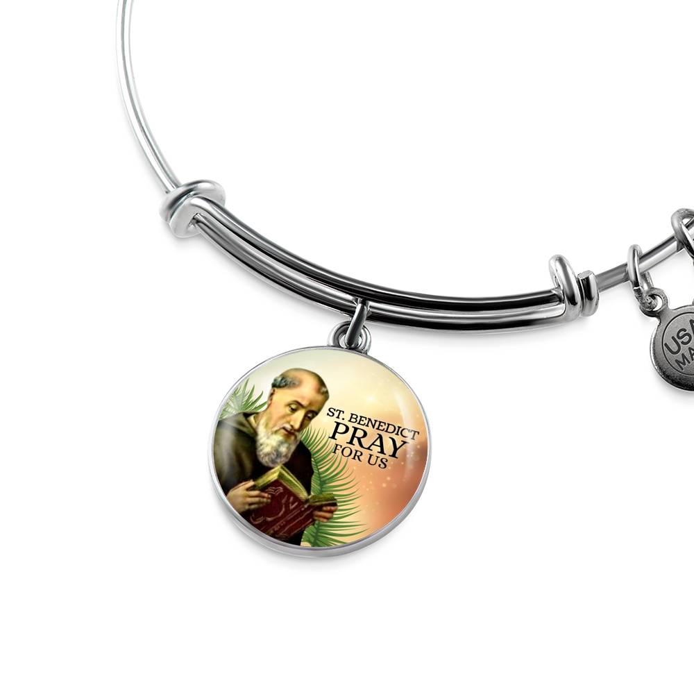 Catholic Saint Benedict Circle Bangle Bracelet Stainless Steel or 18k Gold" - Express Your Love Gifts