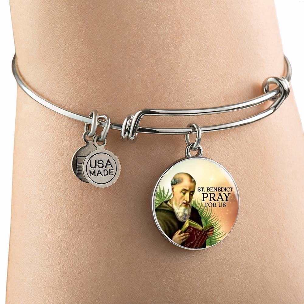 Catholic Saint Benedict Circle Bangle Bracelet Stainless Steel or 18k Gold" - Express Your Love Gifts