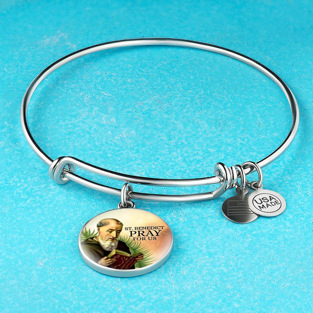 Catholic Saint Benedict Circle Bangle Bracelet Stainless Steel or 18k Gold" - Express Your Love Gifts