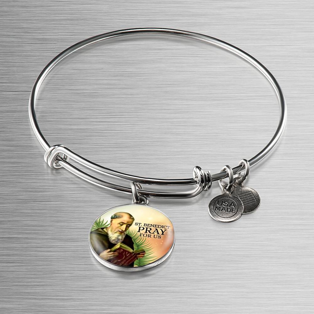 Catholic Saint Benedict Circle Bangle Bracelet Stainless Steel or 18k Gold" - Express Your Love Gifts