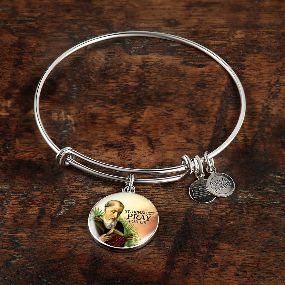 Catholic Saint Benedict Circle Bangle Bracelet Stainless Steel or 18k Gold" - Express Your Love Gifts