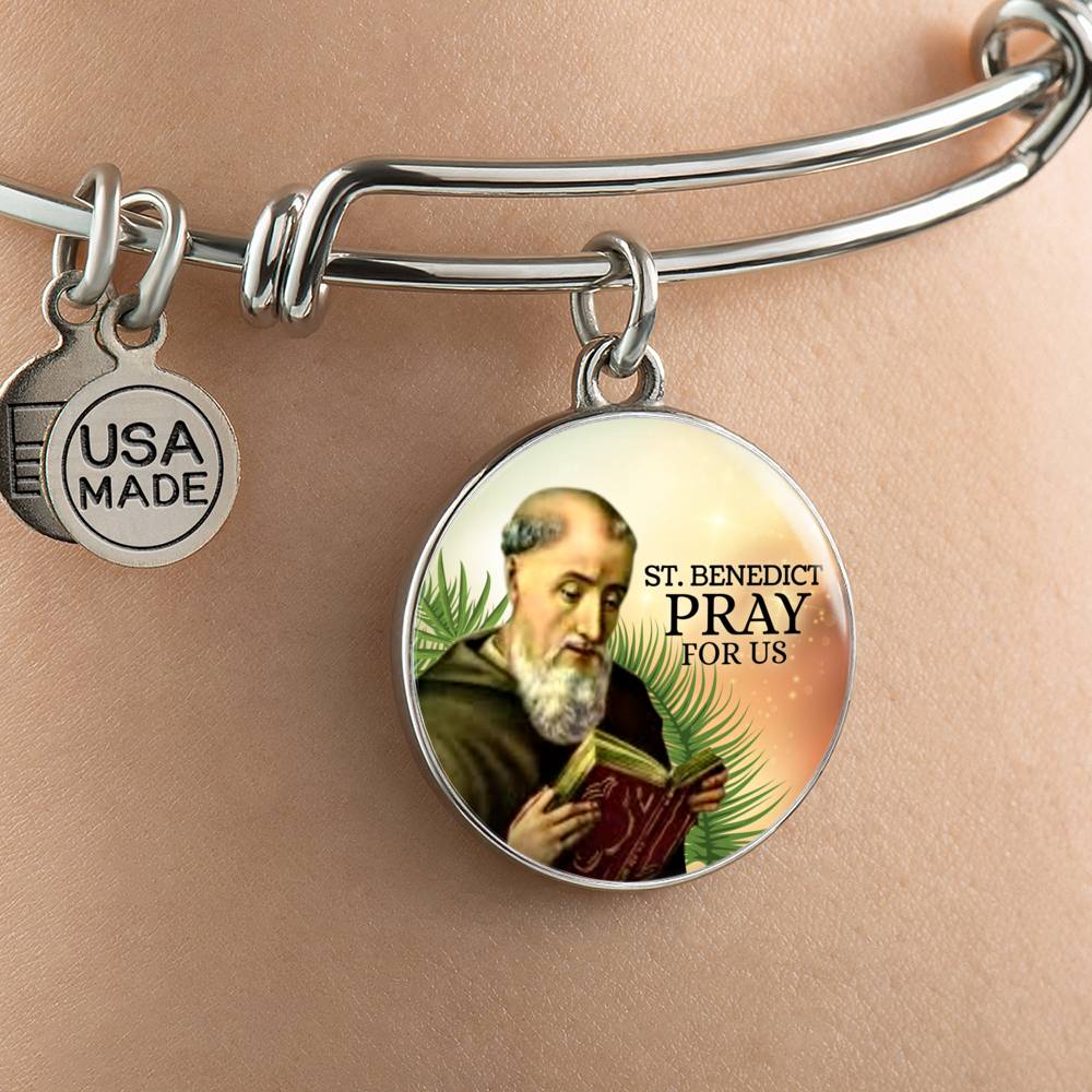 Catholic Saint Benedict Circle Bangle Bracelet Stainless Steel or 18k Gold" - Express Your Love Gifts
