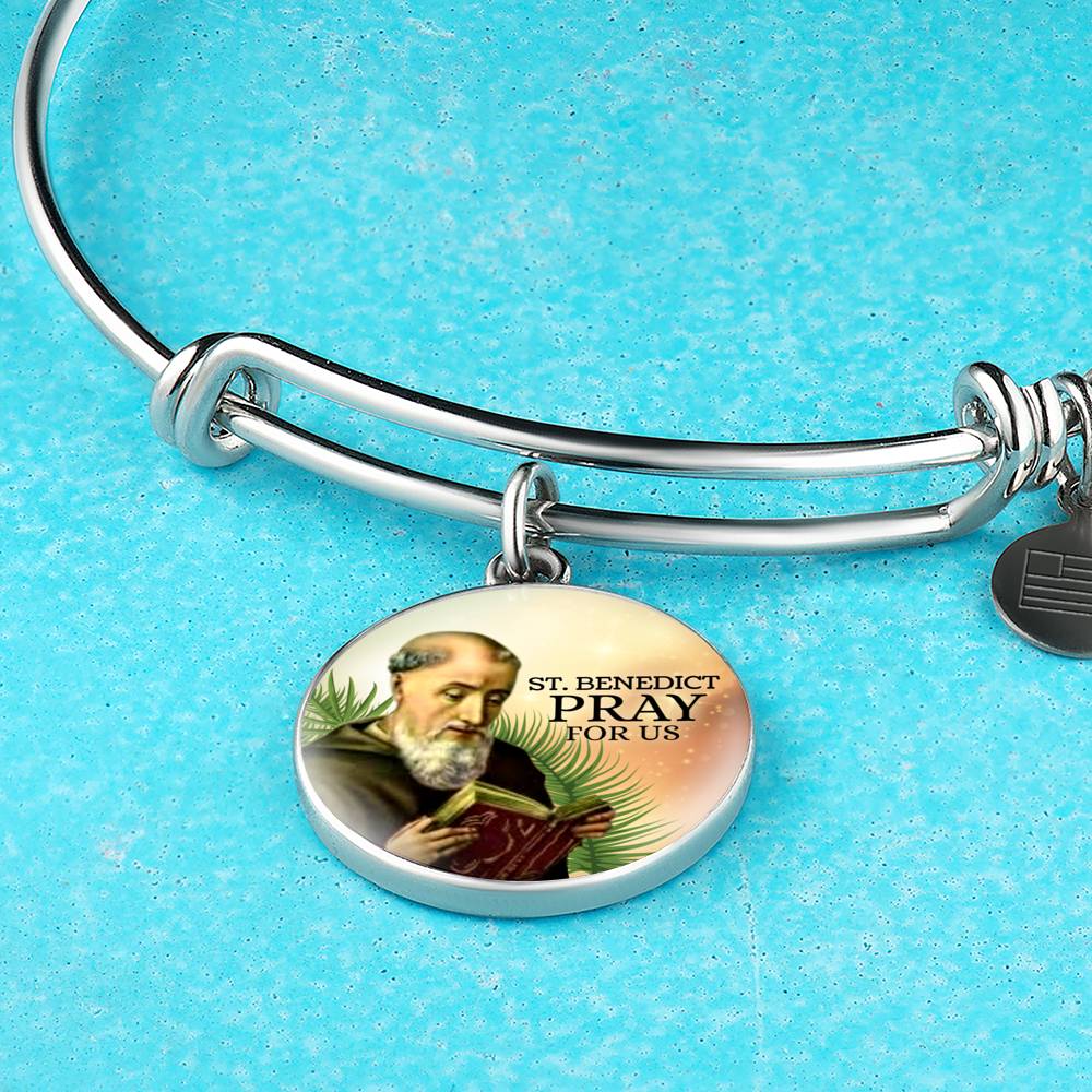 Catholic Saint Benedict Circle Bangle Bracelet Stainless Steel or 18k Gold" - Express Your Love Gifts