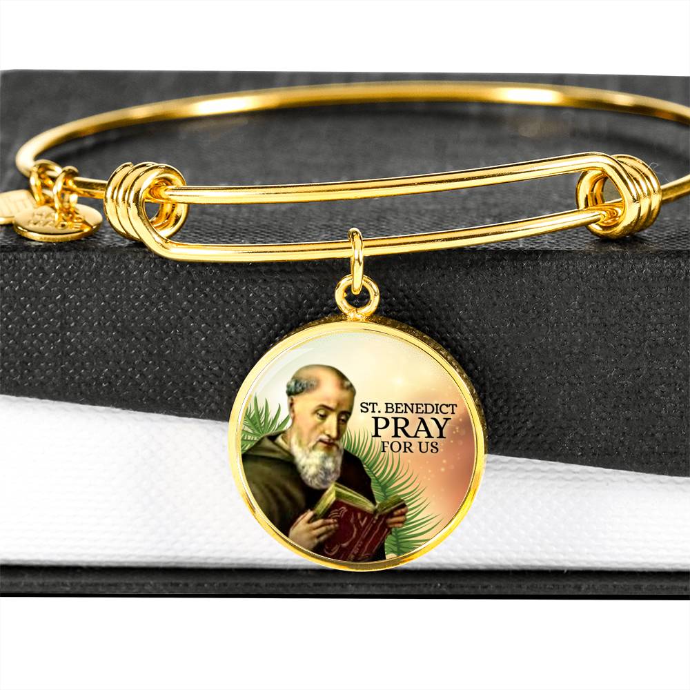 Catholic Saint Benedict Circle Bangle Bracelet Stainless Steel or 18k Gold" - Express Your Love Gifts