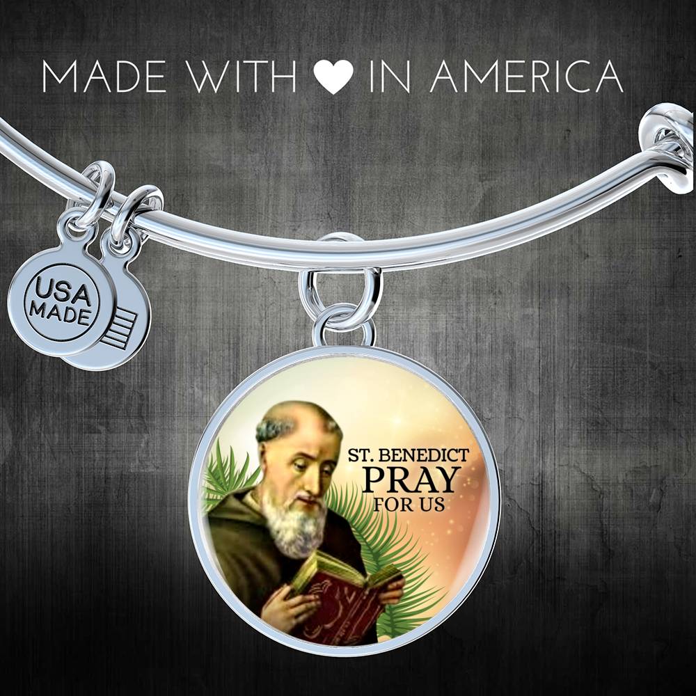 Catholic Saint Benedict Circle Bangle Bracelet Stainless Steel or 18k Gold" - Express Your Love Gifts