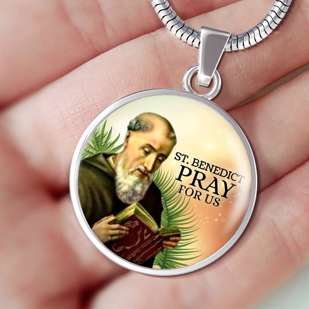 Catholic Saint Benedict Circle Necklace Stainless Steel or 18k Gold 18-22" - Express Your Love Gifts