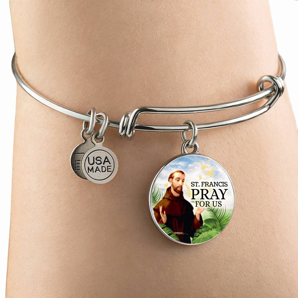 Catholic St. Francis Circle Bangle Bracelet Stainless Steel or 18k Gold" - Express Your Love Gifts