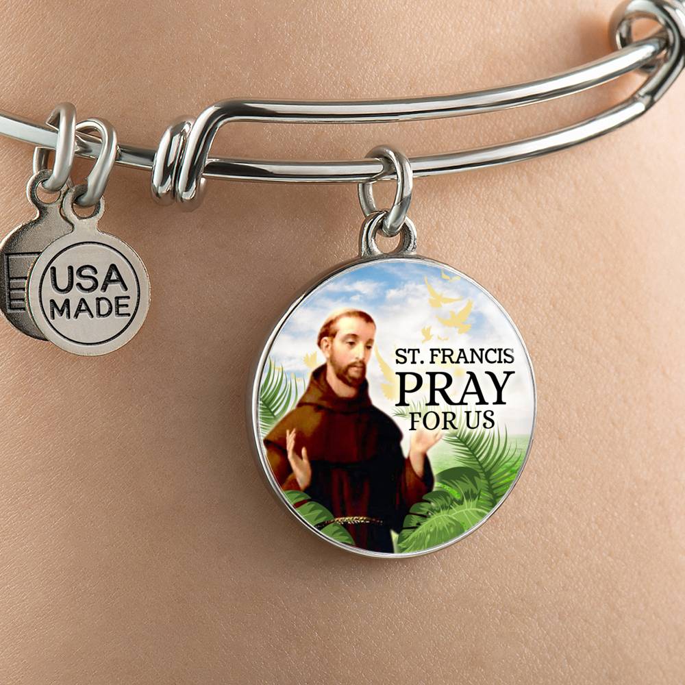Catholic St. Francis Circle Bangle Bracelet Stainless Steel or 18k Gold" - Express Your Love Gifts