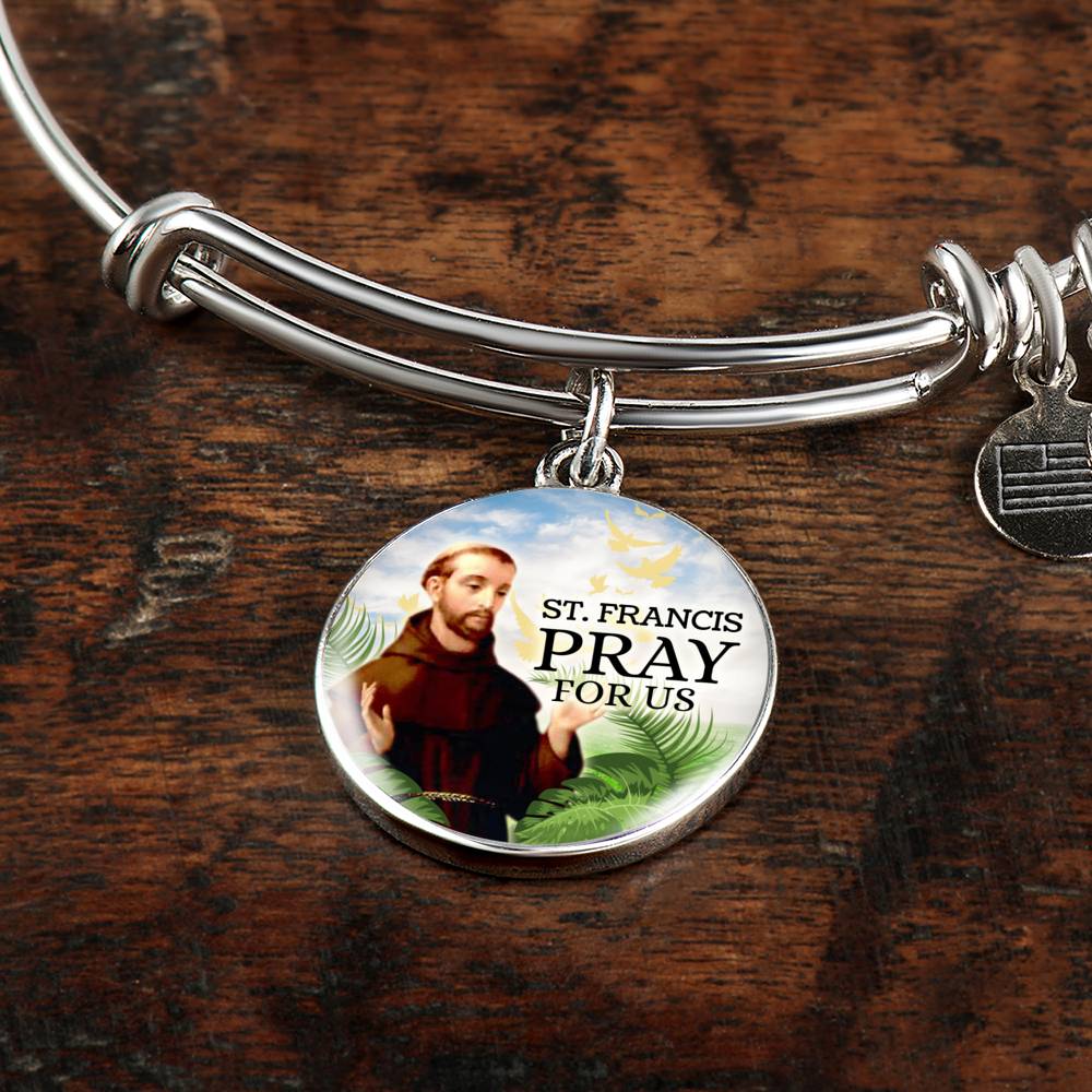 Catholic St. Francis Circle Bangle Bracelet Stainless Steel or 18k Gold" - Express Your Love Gifts