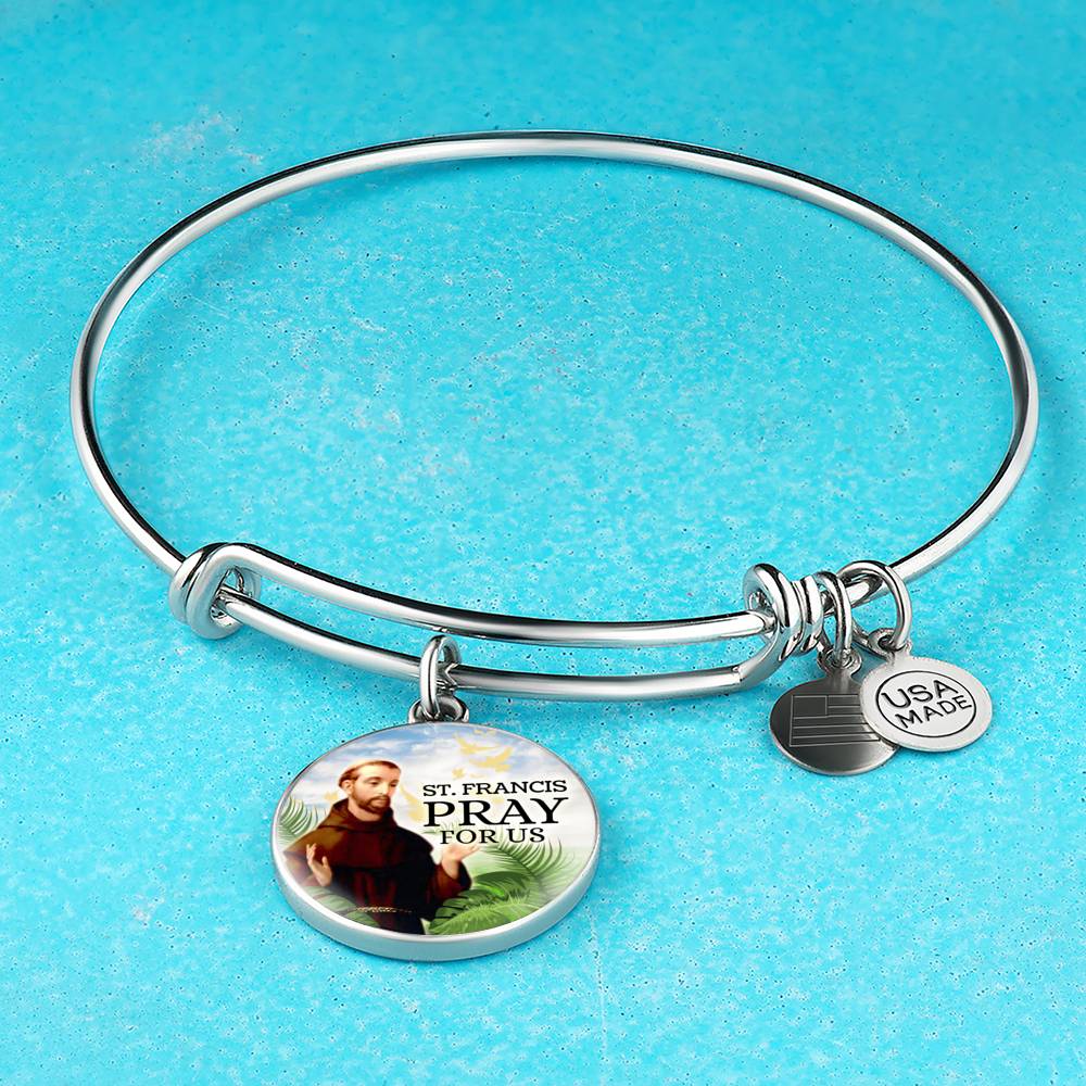Catholic St. Francis Circle Bangle Bracelet Stainless Steel or 18k Gold" - Express Your Love Gifts