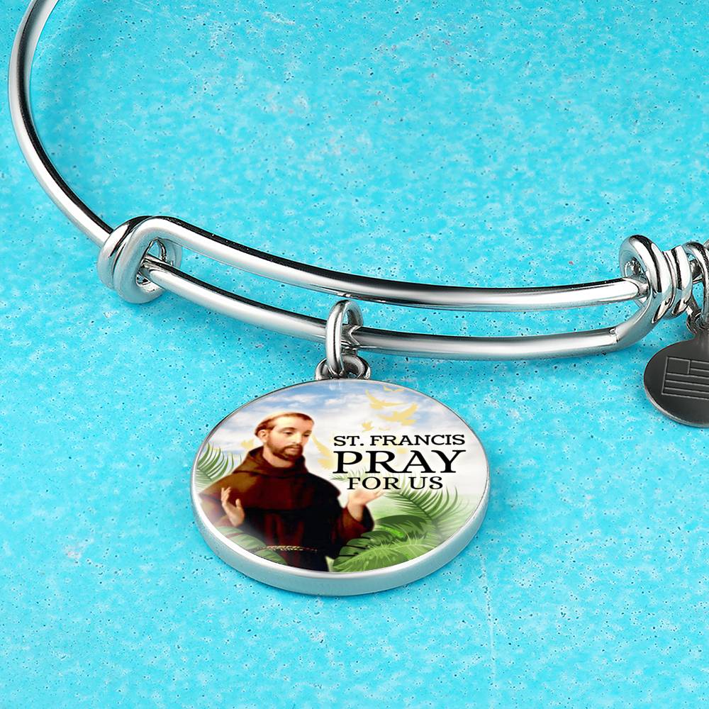 Catholic St. Francis Circle Bangle Bracelet Stainless Steel or 18k Gold" - Express Your Love Gifts
