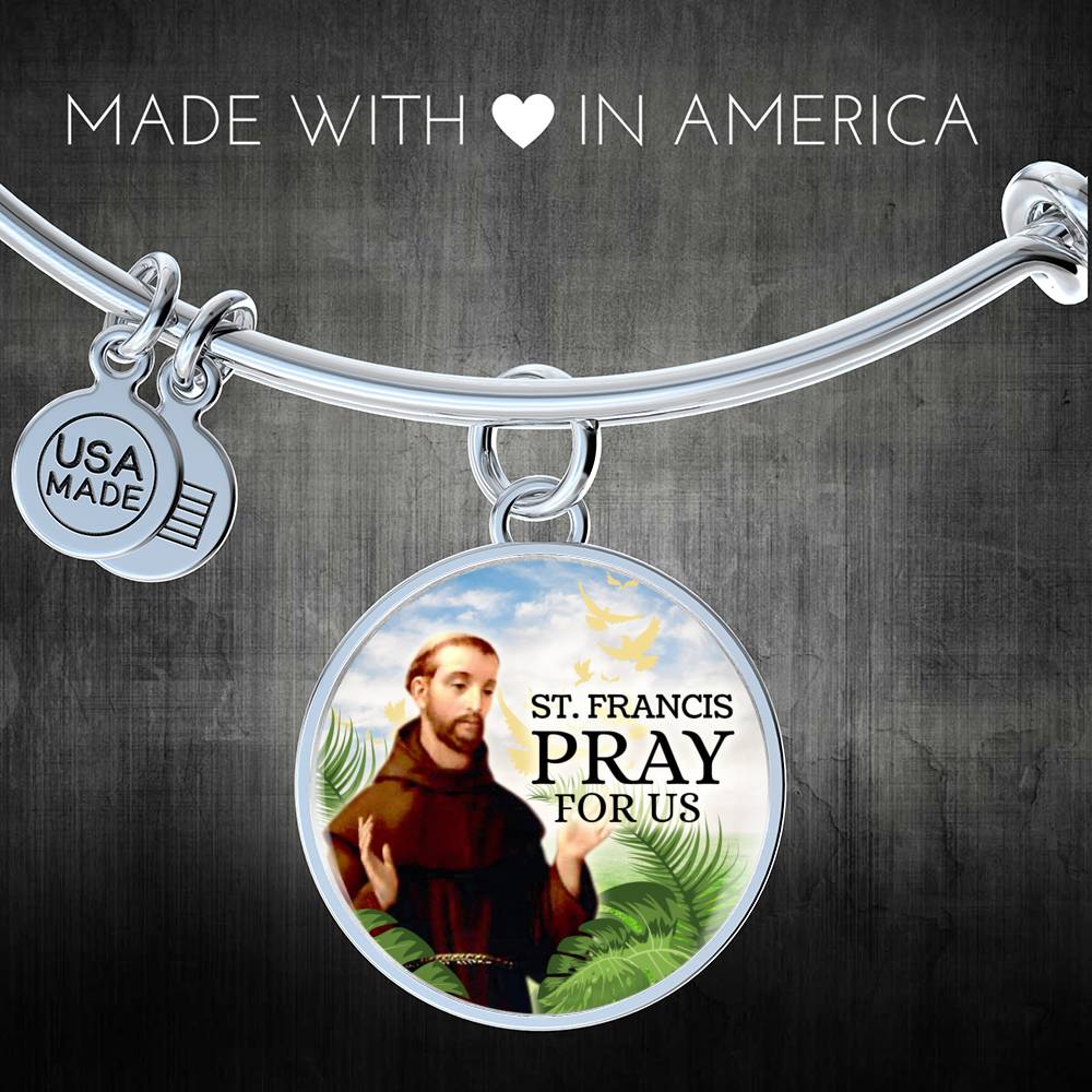 Catholic St. Francis Circle Bangle Bracelet Stainless Steel or 18k Gold" - Express Your Love Gifts