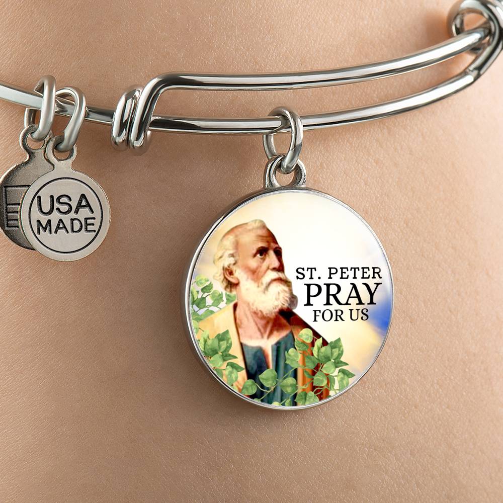 Catholic St. Peter Circle Bangle Bracelet Stainless Steel or 18k Gold" - Express Your Love Gifts