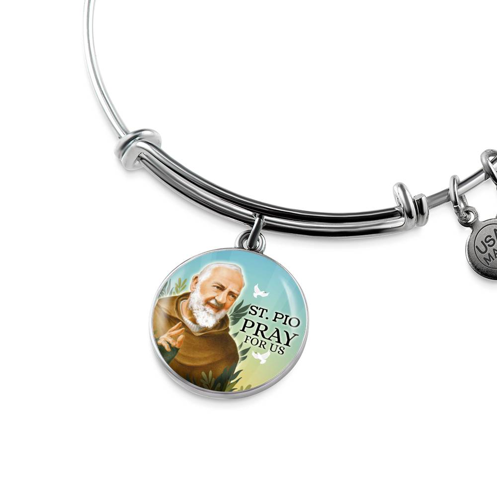 Catholic St. Pio Circle Bangle Bracelet Stainless Steel or 18k Gold" - Express Your Love Gifts