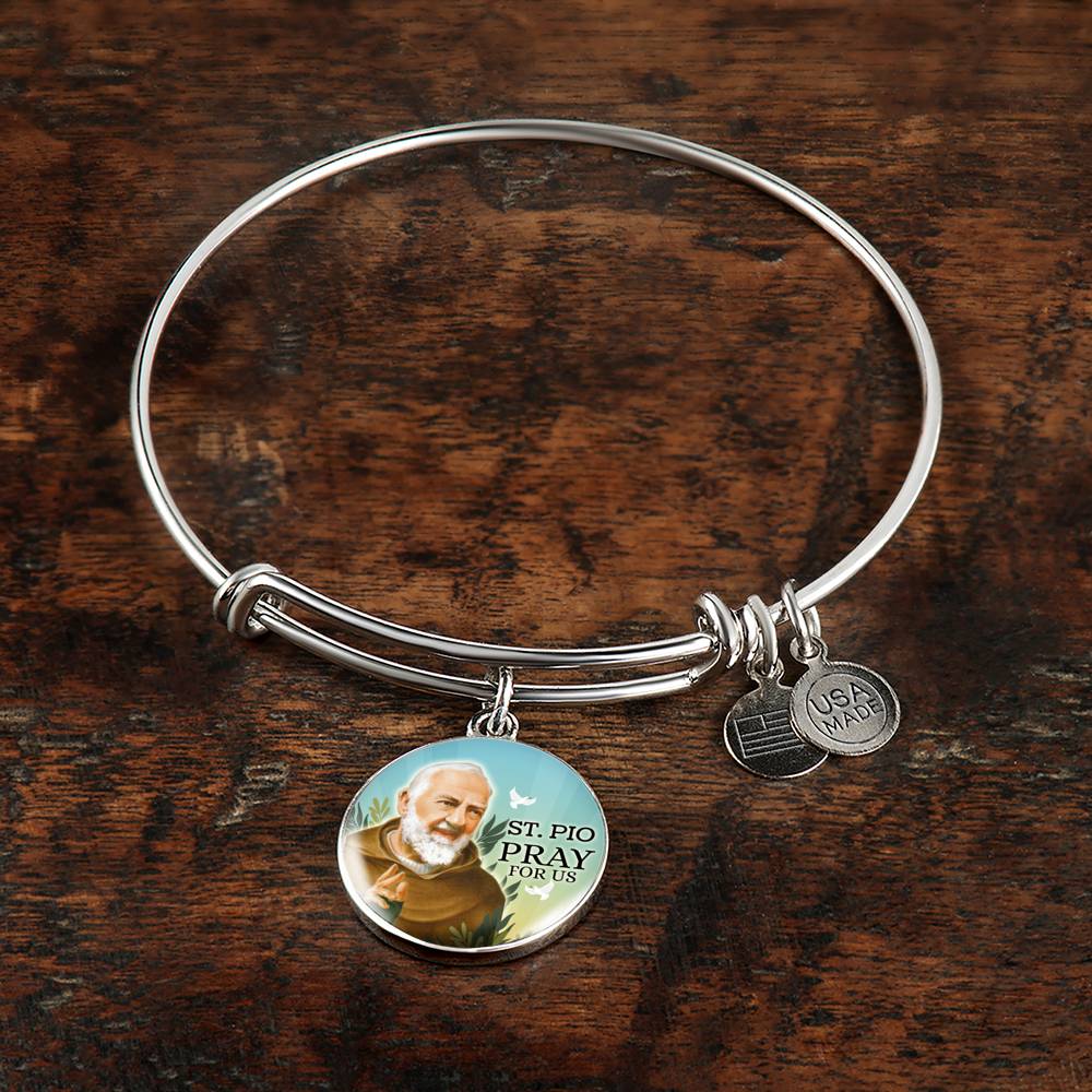 Catholic St. Pio Circle Bangle Bracelet Stainless Steel or 18k Gold" - Express Your Love Gifts