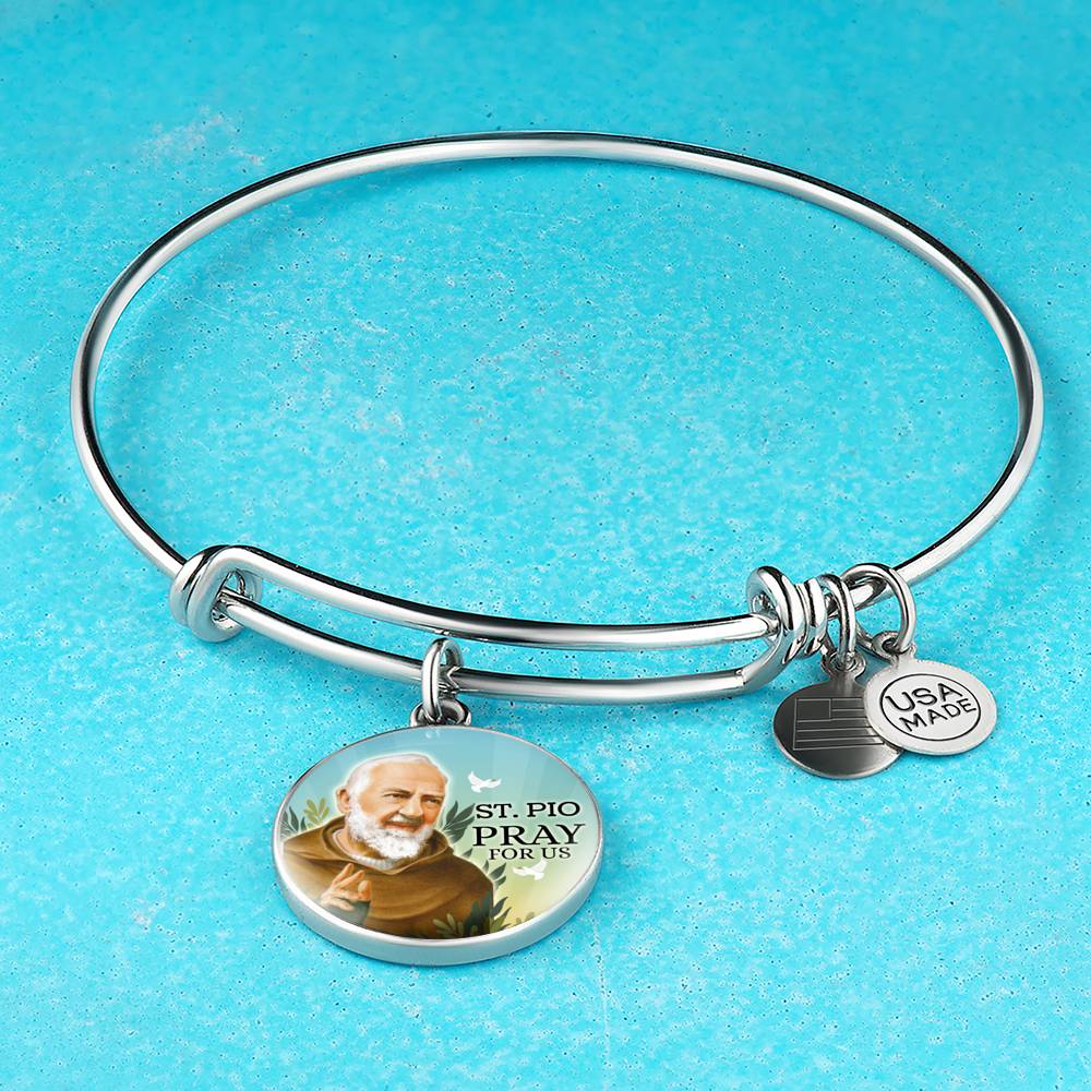 Catholic St. Pio Circle Bangle Bracelet Stainless Steel or 18k Gold" - Express Your Love Gifts