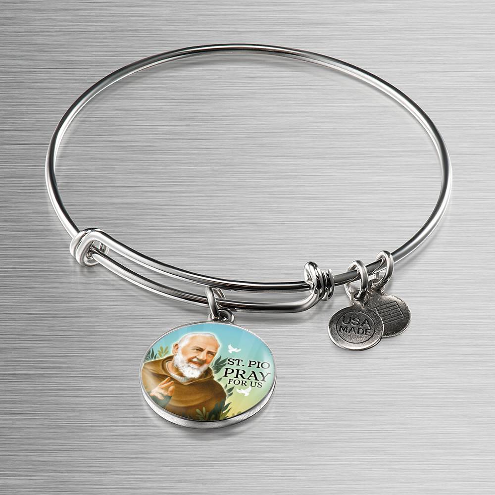 Catholic St. Pio Circle Bangle Bracelet Stainless Steel or 18k Gold" - Express Your Love Gifts