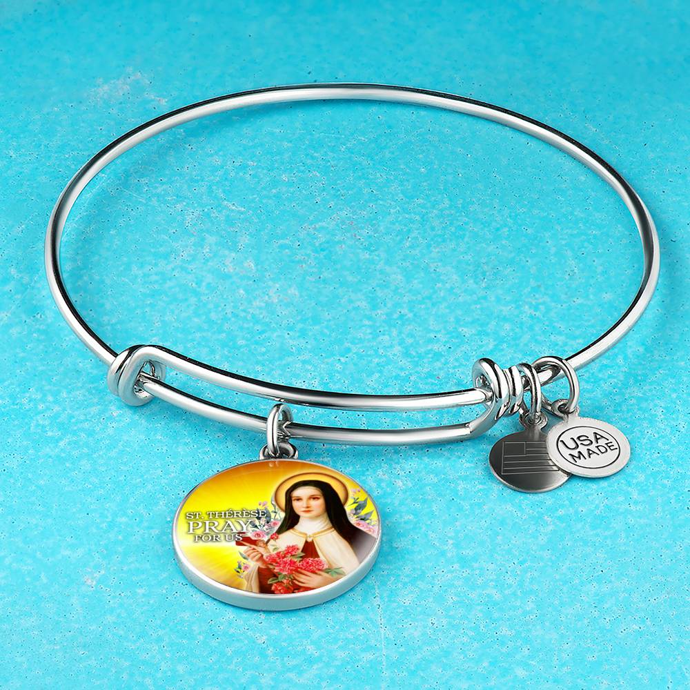 Catholic St. Therese Circle Bangle Bracelet Stainless Steel or 18k Gold" - Express Your Love Gifts