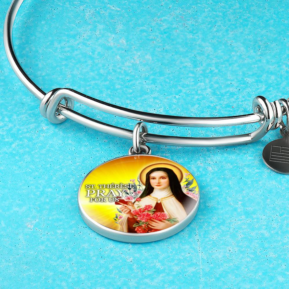 Catholic St. Therese Circle Bangle Bracelet Stainless Steel or 18k Gold" - Express Your Love Gifts