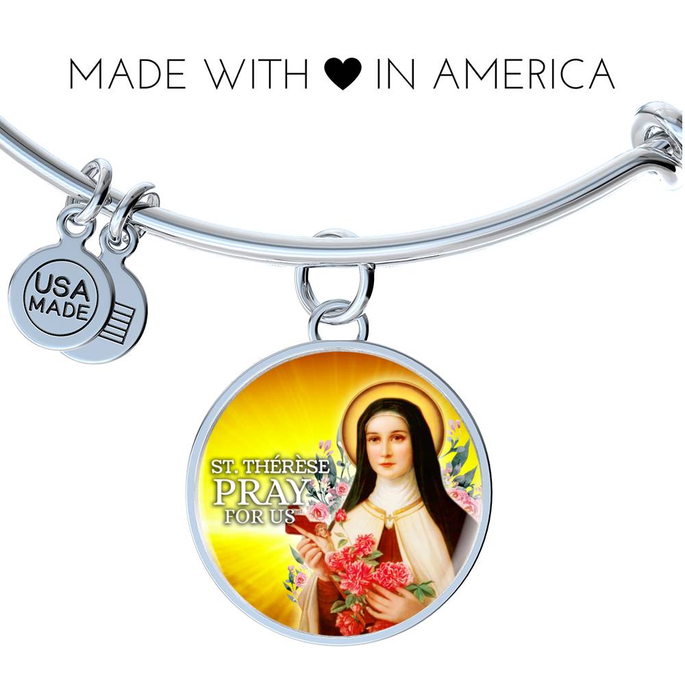Catholic St. Therese Circle Bangle Bracelet Stainless Steel or 18k Gold" - Express Your Love Gifts