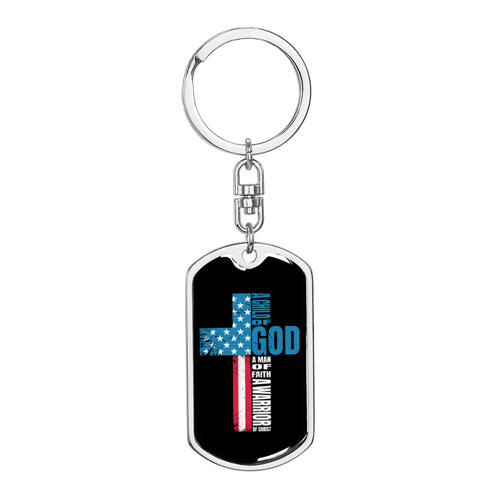 Child Of God Warrior Christian Keychain Stainless Steel or 18k Gold Dog Tag Keyring-Express Your Love Gifts
