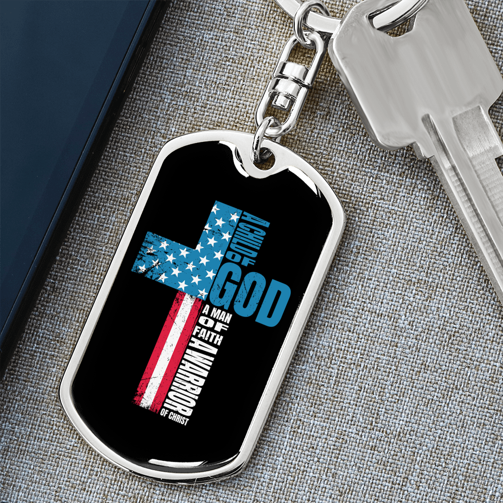Child Of God Warrior Christian Keychain Stainless Steel or 18k Gold Dog Tag Keyring-Express Your Love Gifts