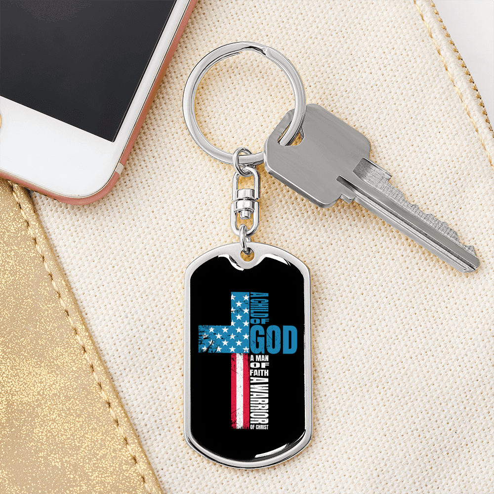 Child Of God Warrior Christian Keychain Stainless Steel or 18k Gold Dog Tag Keyring-Express Your Love Gifts