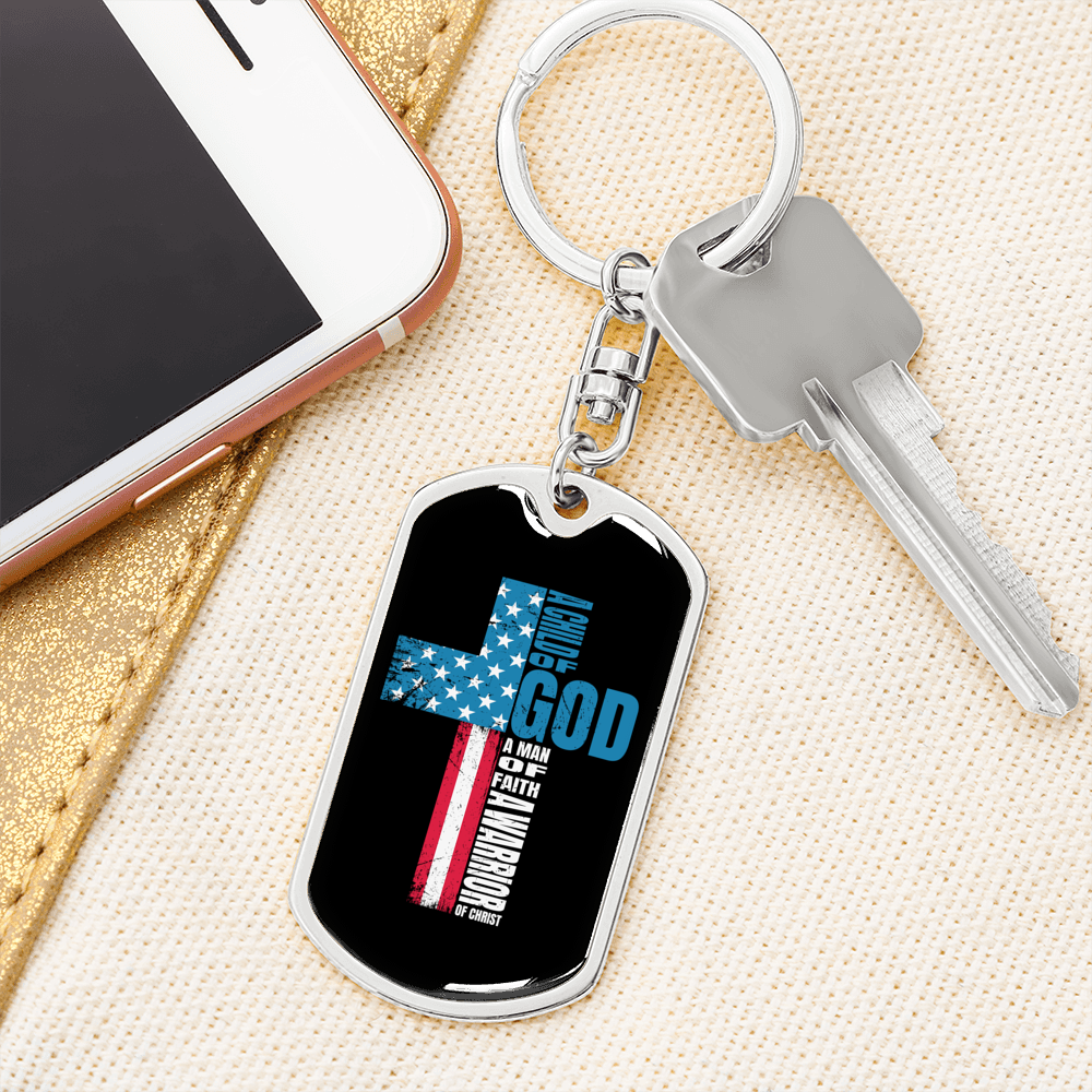 Child Of God Warrior Christian Keychain Stainless Steel or 18k Gold Dog Tag Keyring-Express Your Love Gifts