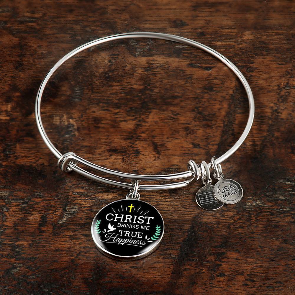 Christ Brings Me True Happiness Stainless Steel or 18k Gold Circle Bangle Bracelet - Express Your Love Gifts