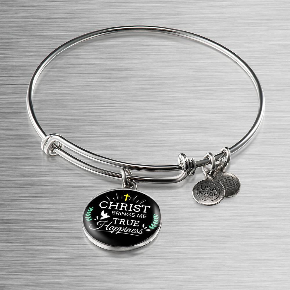 Christ Brings Me True Happiness Stainless Steel or 18k Gold Circle Bangle Bracelet - Express Your Love Gifts