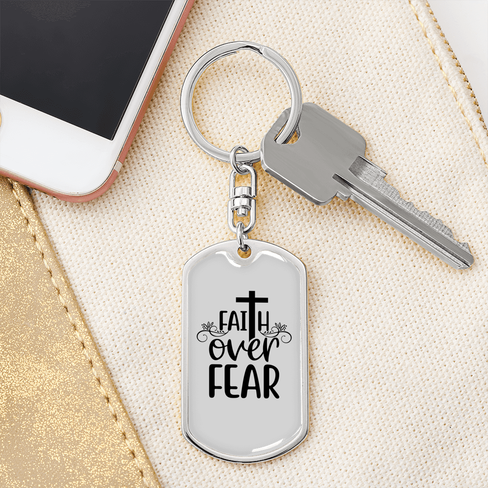 Christ Faith Over Fear Christian Keychain Stainless Steel or 18k Gold Dog Tag Keyring-Express Your Love Gifts