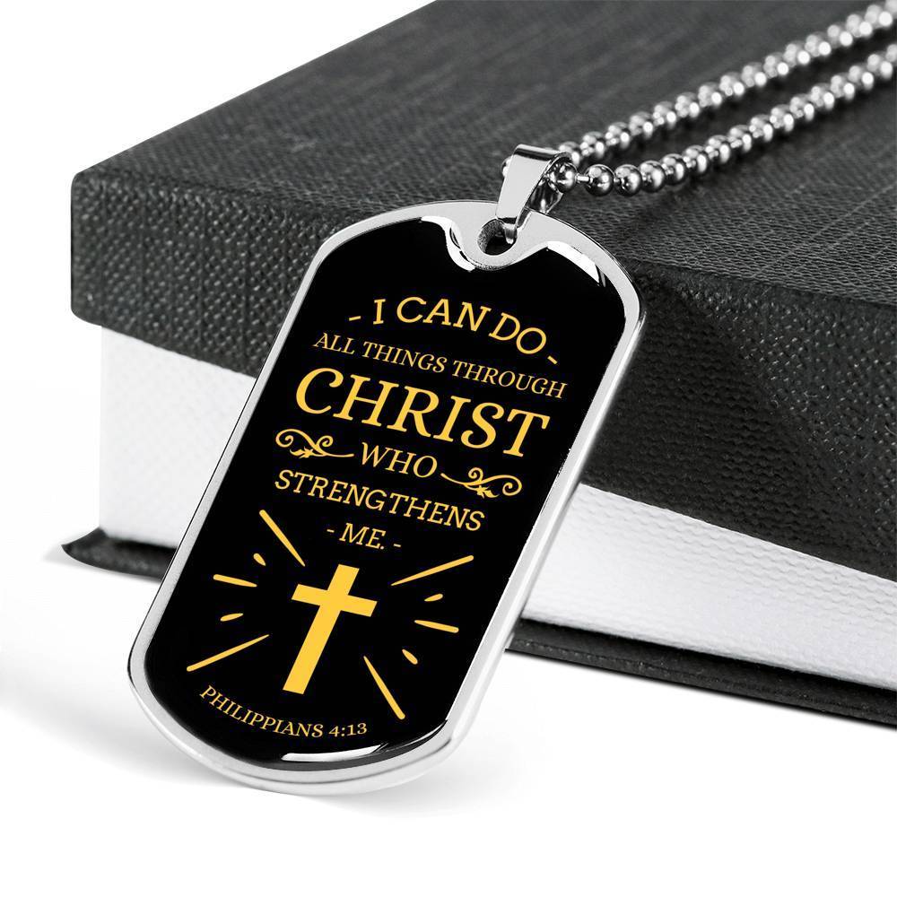 Christ Gives Me Strength Philippians Necklace Stainless Steel or 18k Gold Dog Tag 24" Chain-Express Your Love Gifts