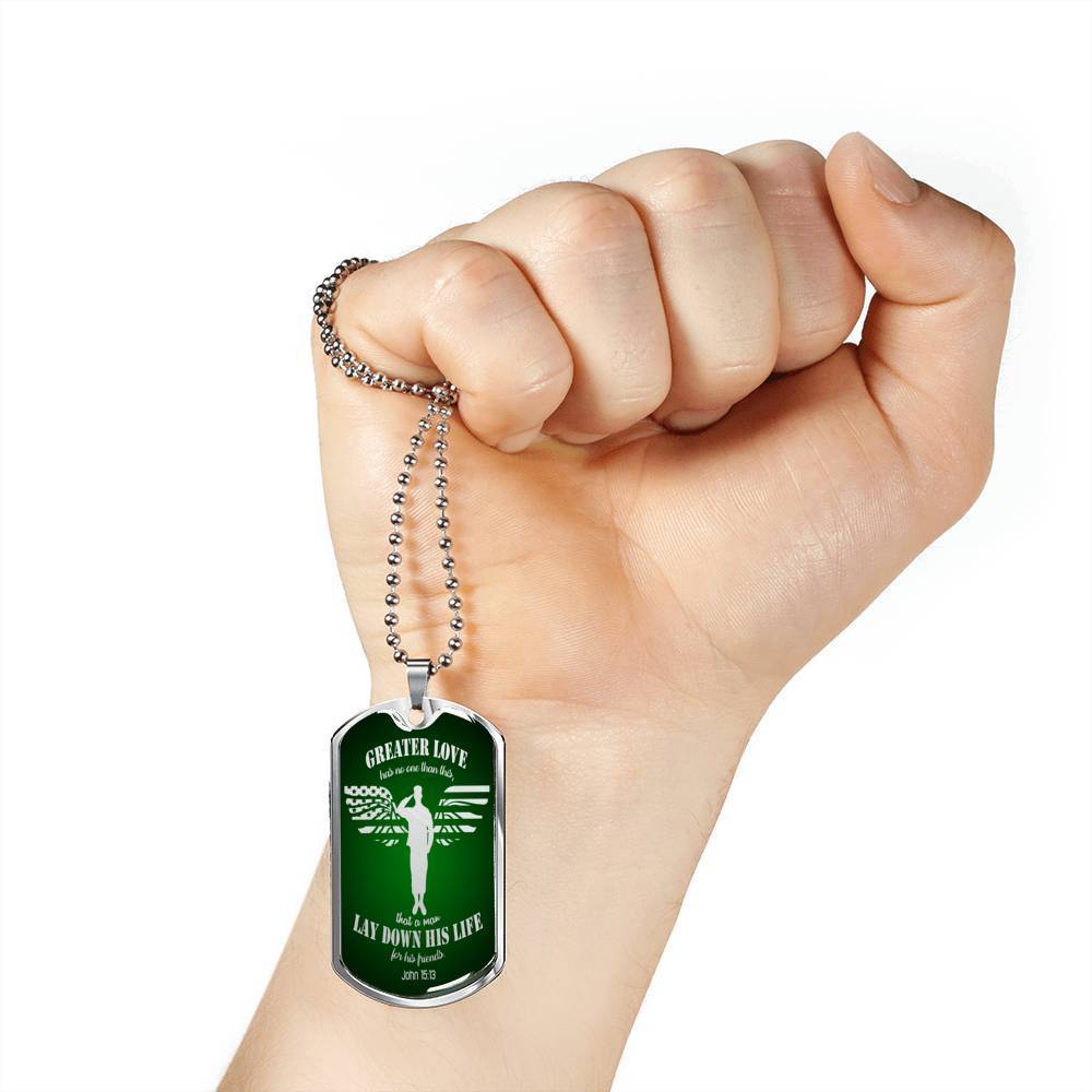 Christian Necklace Greater Love Stainless Steel or 18k Gold Dog Tag 24" Chain - Express Your Love Gifts