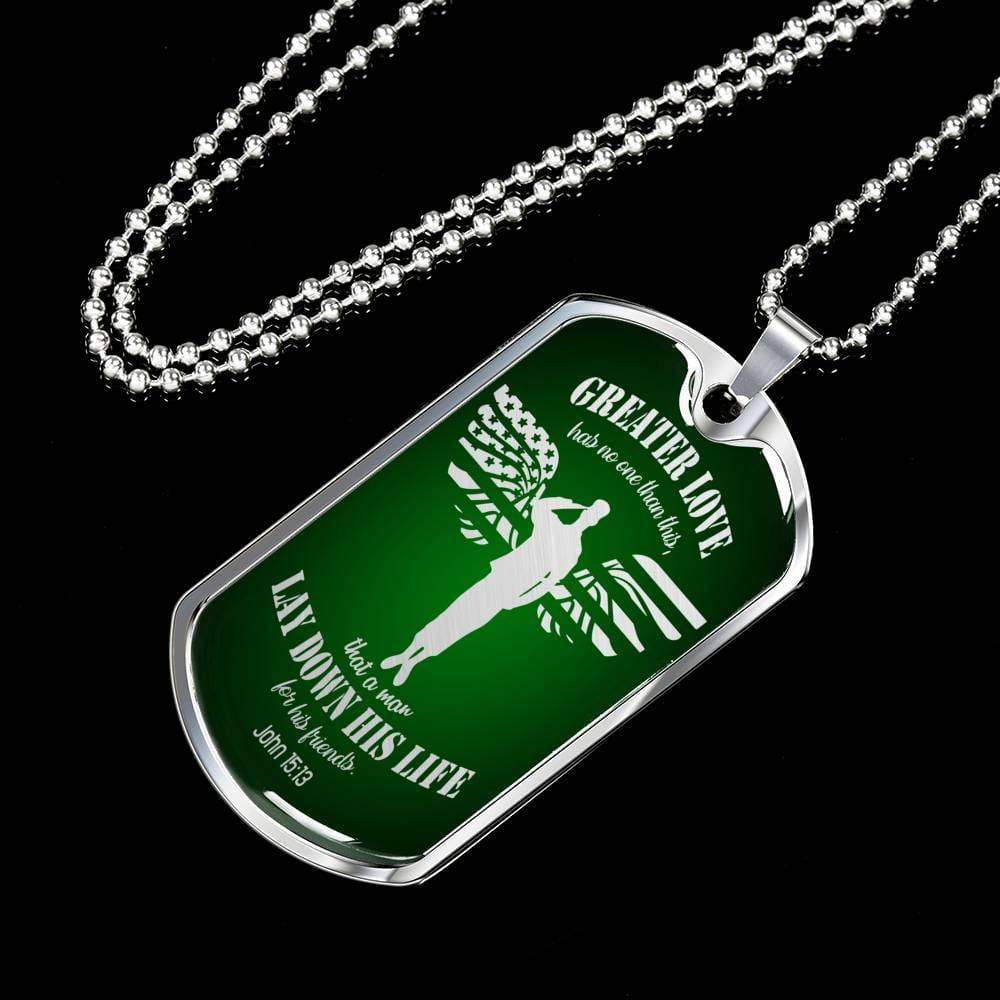Christian Necklace Greater Love Stainless Steel or 18k Gold Dog Tag 24" Chain - Express Your Love Gifts