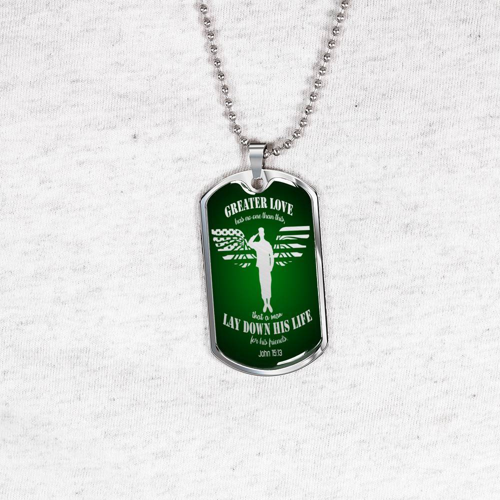 Christian Necklace Greater Love Stainless Steel or 18k Gold Dog Tag 24" Chain - Express Your Love Gifts