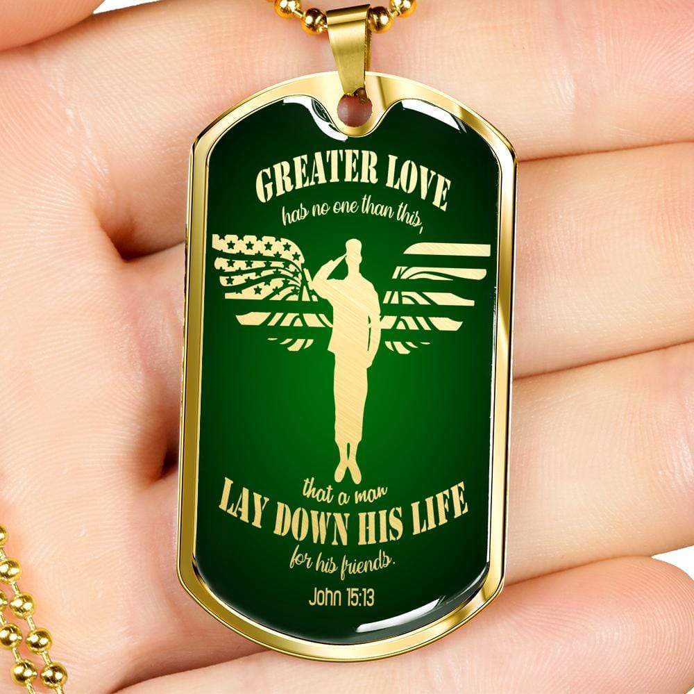 Christian Necklace Greater Love Stainless Steel or 18k Gold Dog Tag 24" Chain - Express Your Love Gifts