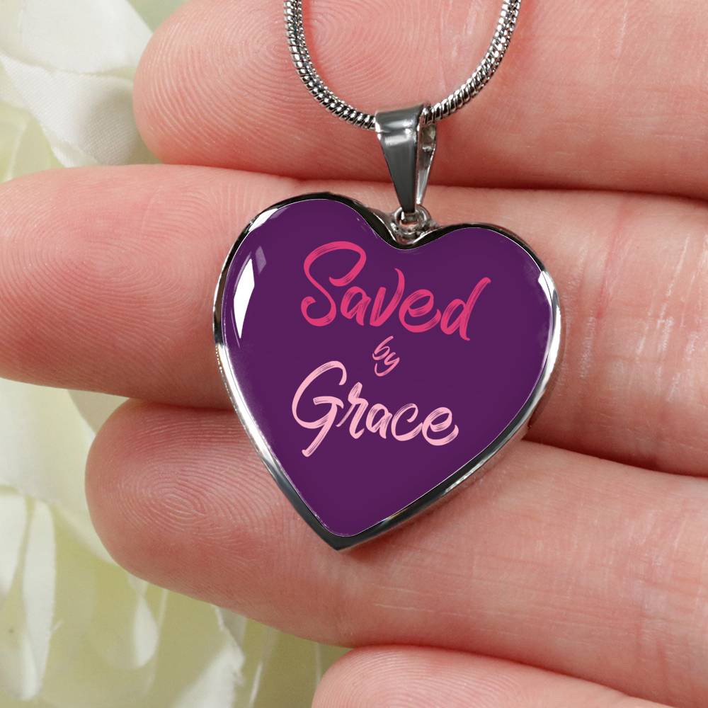 Christian Saved By Grace Heart Necklace Stainless Steel or 18k Gold Pendant 18-22" - Express Your Love Gifts