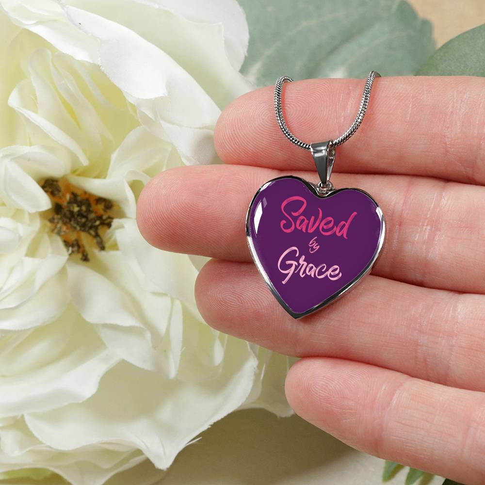 Christian Saved By Grace Heart Necklace Stainless Steel or 18k Gold Pendant 18-22" - Express Your Love Gifts