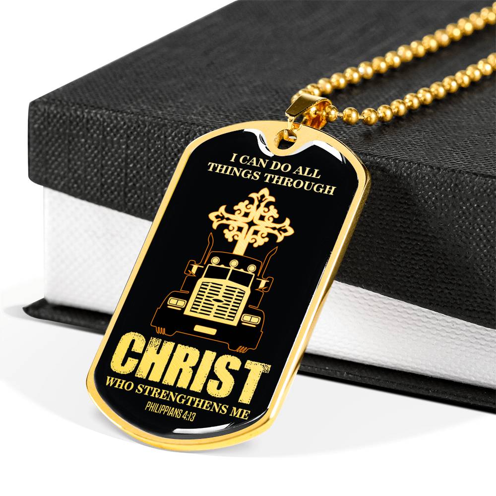 Christian Trucker All Things Dog Tag Stainless Steel or 18k Gold 24" Chain - Express Your Love Gifts