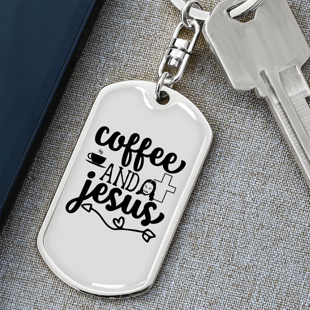 Coffee And Jesus Keychain Stainless Steel or 18k Gold Dog Tag Keyring-Express Your Love Gifts