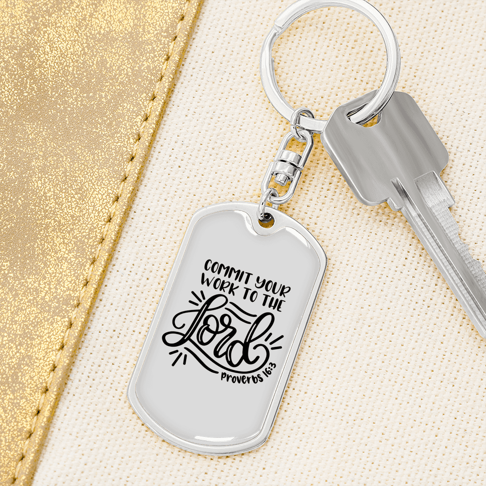 Commit Your Work Proverbs 16:3 Keychain Stainless Steel or 18k Gold Dog Tag Keyring-Express Your Love Gifts