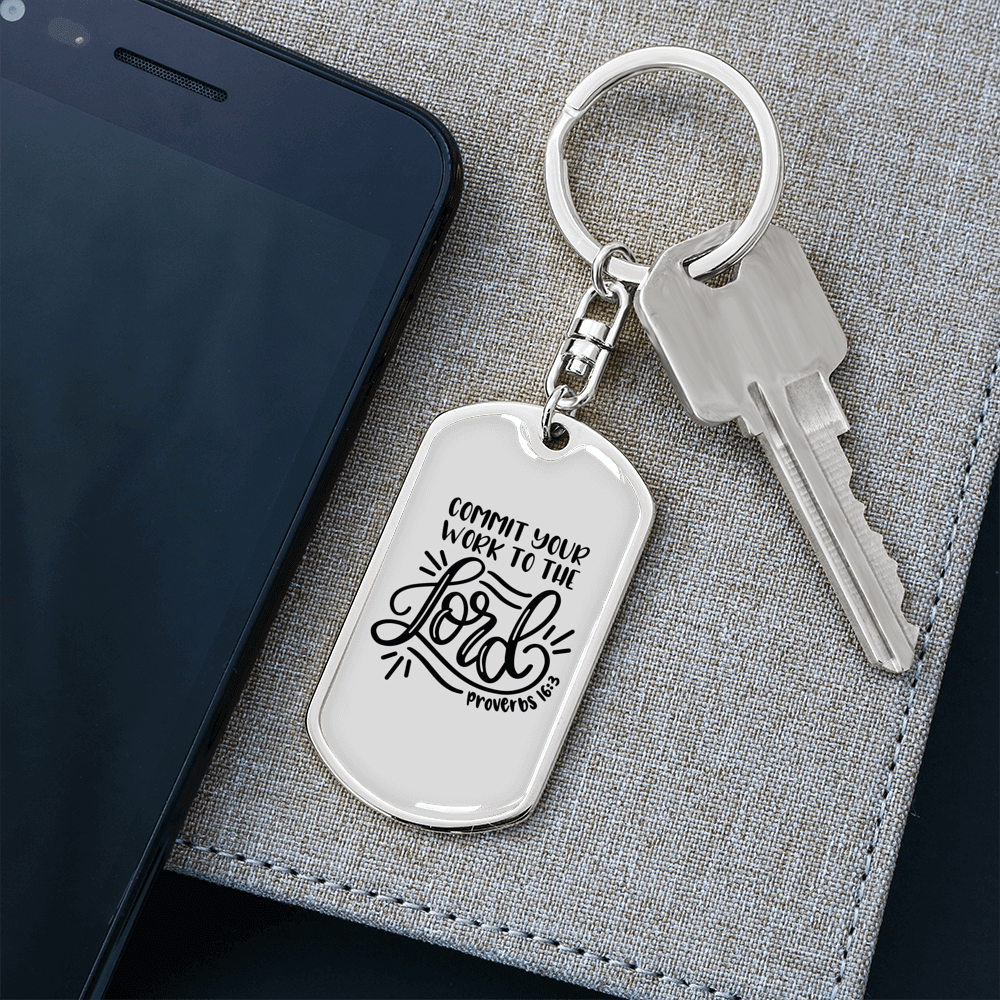 Commit Your Work Proverbs 16:3 Keychain Stainless Steel or 18k Gold Dog Tag Keyring-Express Your Love Gifts