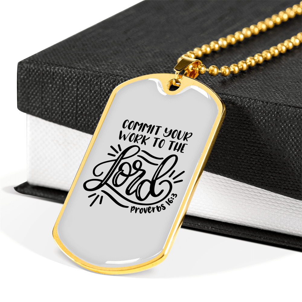 Commit Your Work Proverbs 16:3 Necklace Stainless Steel or 18k Gold Dog Tag 24" Chain-Express Your Love Gifts